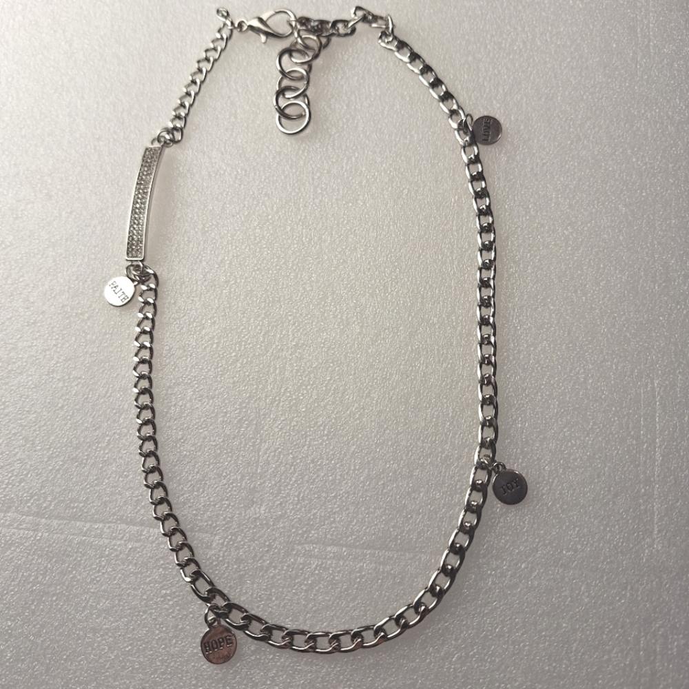 Premier Designs Chain Link Silvertone Necklace Faith Hope Joy Love Chunky 22"